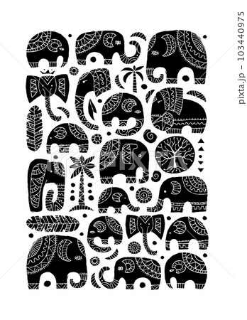 Elephant family, black silhouette art. Ethnic ornament for your design Elephant family, black silhouette art. Ethnic ornament for your design 103440975