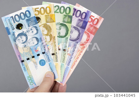 Philippine money in the hand on a gray backgroundの写真素材