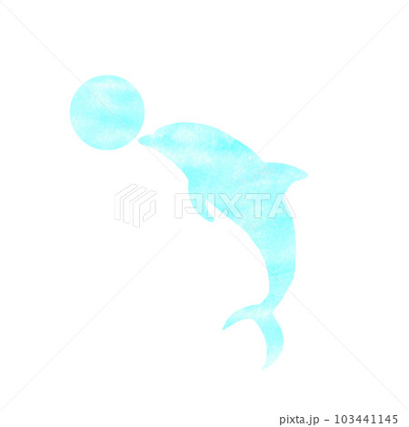 ボールに向かってジャンプしているイルカのシルエットのアイコン。水彩