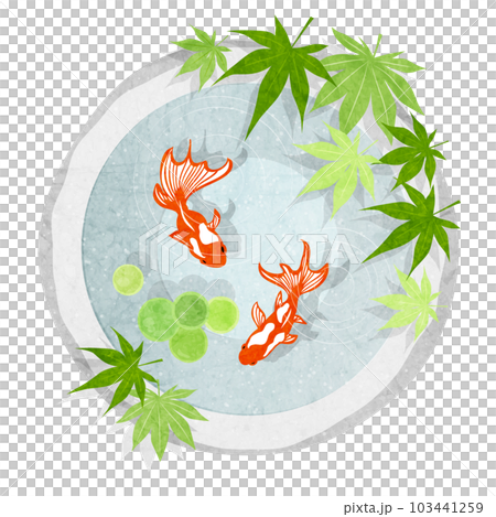 Japanese paper watercolor style Goldfish icon swimming in a stone bowl seen from above 103441259