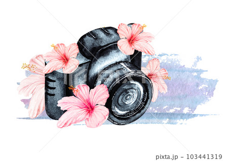 Watercolor illustration of a camera with tropical flowers. Idea for a postcard, cover or print 103441319