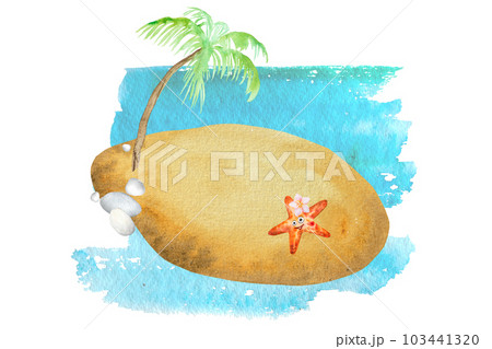 Watercolor illustration top view starfish sand beach ,shells,blue wave.Beautiful postcard or background. 103441320