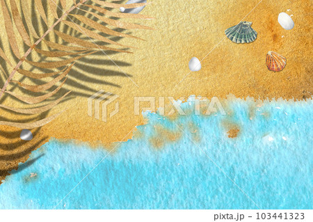 Watercolor illustration top view sand beach ,shells,blue wave.Beautiful postcard or background 103441323