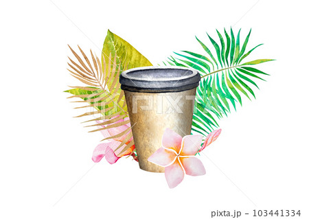 watercolor illustration a cup of coffee .tropical flowers, palm tree branch, on a white background watercolor illustration a cup of coffee .tropical flowers, palm tree branch, on a white background 103441334