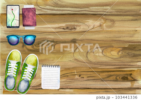 Watercolor illustration passport and boarding pass,and sunglasses,notebook and phone and sneakers on a wooden background Watercolor illustration passport and boarding pass,and sunglasses,notebook and phone and sneakers on a wooden background 103441336