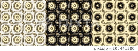 Set of patterns with circles, wavy diagonal lines. Elements of realistic jewelry gold chains, beads. Classic jewelry background for packaging, fabric, textile, surface design 103441380