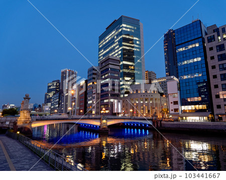 夕暮れの水都大阪 中之島公園から見る難波橋と北浜 103441667