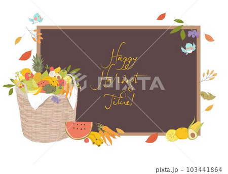 Background Illustration of Cartoon Basket with Fruits and Vegetables. Happy Harvest Time 103441864