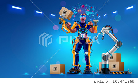 Engineer is working in futuristic bionic exoskeleton and picking up boxes on factory. Robotic exosuit on worker in warehouse. Sci-fi concept exoskeleton suit. Future technology of delivery, logistic. 103441869