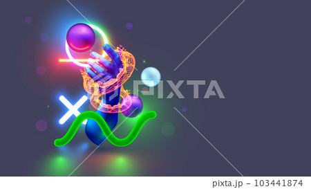 Technology background with abstract digital geometric figures in neon lights. Tech future concept background. Hand user in VR 3d cyber space interacts with digital computer data. Technology Banner. Technology background with abstract digital geometric figures in neon lights. Tech future concept background. Hand user in VR 3d cyber space interacts with digital computer data. Technology Banner. 103441874