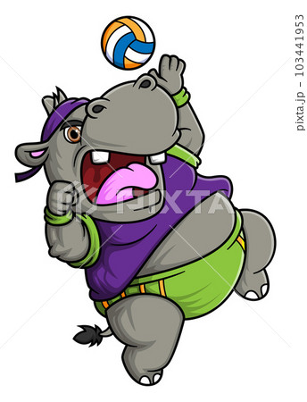 happy cute hippopotamus playing volleyball happy cute hippopotamus playing volleyball 103441953