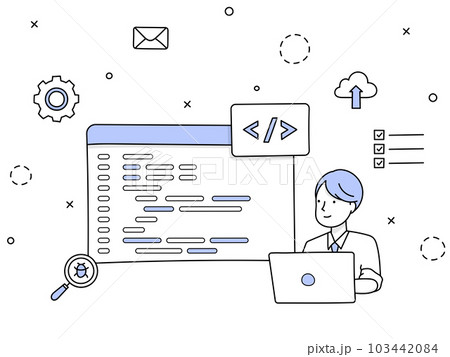手描きラインアート｜ノートパソコンでプログラミングするプログラマー 103442084