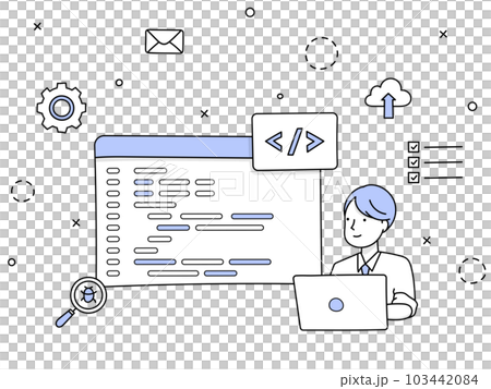 手描きラインアート｜ノートパソコンでプログラミングするプログラマー 103442084