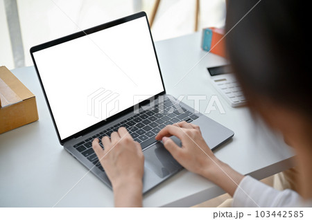 A female online business owner answering customers' questions on the website A female online business owner answering customers' questions on the website 103442585