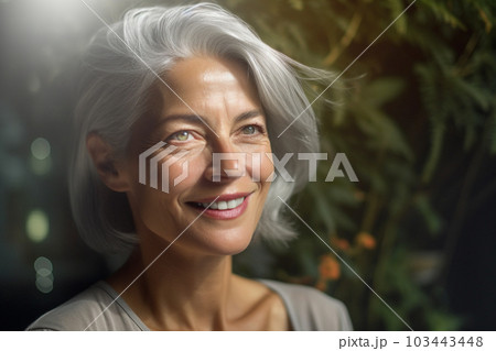 a happy young woman with grey hair in the style of smooth and polished with Generative AI 103443448