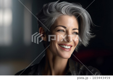 a happy young woman with grey hair in the style of smooth and polished with Generative AI 103443459