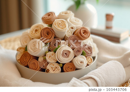 spa towels arranged on white tray with a bouquet of flowers Generative AI 103443706