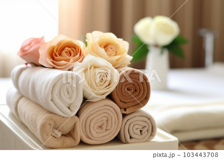 spa towels arranged on white tray with a bouquet of flowers Generative AI 103443708