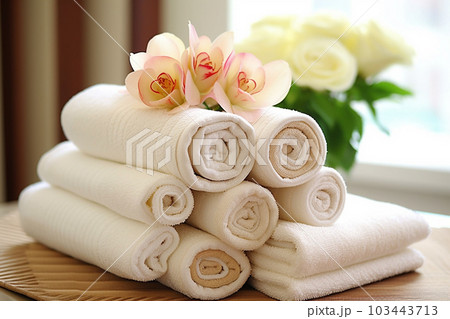 spa towels arranged on white tray with a bouquet of flowers Generative AI 103443713