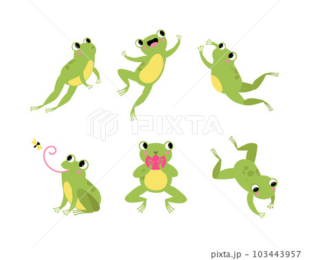 Cute Green Frog with Protruding Eyes Vector Illustration Set 103443957