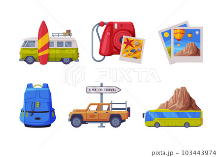 Travel Time and Tourism Symbol with Camera, Van, Backpack, Bus and Photo Shot Vector Set 103443974