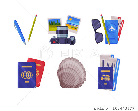 Travel Time and Tourism Symbol with Camera, Tickets, Shell, Passport and Sunglasses Vector Set 103443977