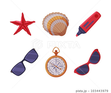 Travel Time and Tourism Symbol with Starfish, Shell, Compass and Sunglasses Vector Set 103443979