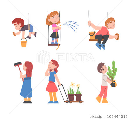 Little Boy and Girl Taking Care of Planet with Sponge and Water Vector Illustration Set Little Boy and Girl Taking Care of Planet with Sponge and Water Vector Illustration Set 103444013
