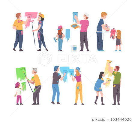Young Family with Kid Holding Paint Roller Making Repair and Home Renovation Vector Illustration Set 103444020