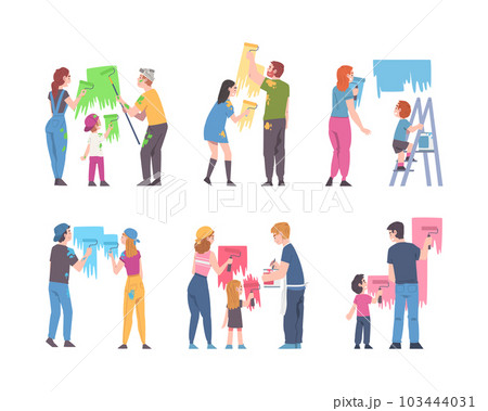 Young Family with Kid Holding Paint Roller Making Repair and Home Renovation Vector Illustration Set 103444031