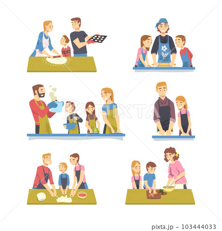 Happy Family Cooking Together in the Kitchen Vector Set 103444033