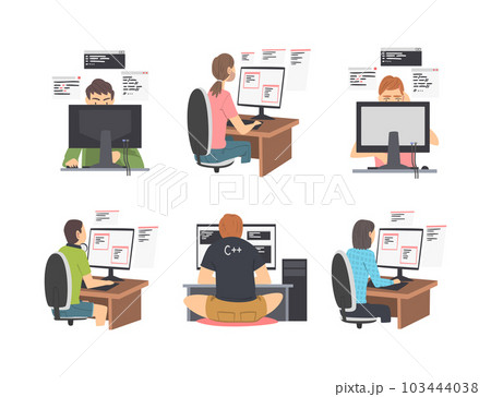 Web Developer or Programmer Working In Front of Computer Screen Vector Illustration Set Web Developer or Programmer Working In Front of Computer Screen Vector Illustration Set 103444038