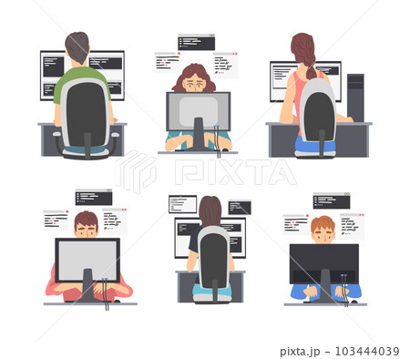 Web Developer or Programmer Working In Front of Computer Screen Vector Illustration Set Web Developer or Programmer Working In Front of Computer Screen Vector Illustration Set 103444039