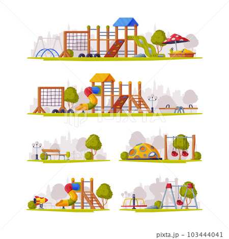 Colorful Wooden Slide with Tube and Ladder on Playground Vector Illustration Scene Set 103444041