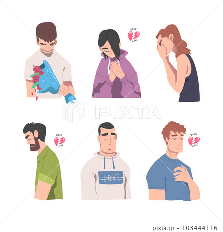 Man and Woman with Broken Hearts Suffering Because of Lost Love Vector Illustration Set Man and Woman with Broken Hearts Suffering Because of Lost Love Vector Illustration Set 103444116