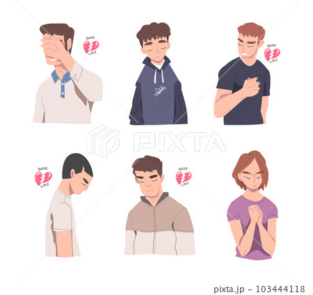 Man and Woman with Broken Hearts Suffering Because of Lost Love Vector Illustration Set 103444118