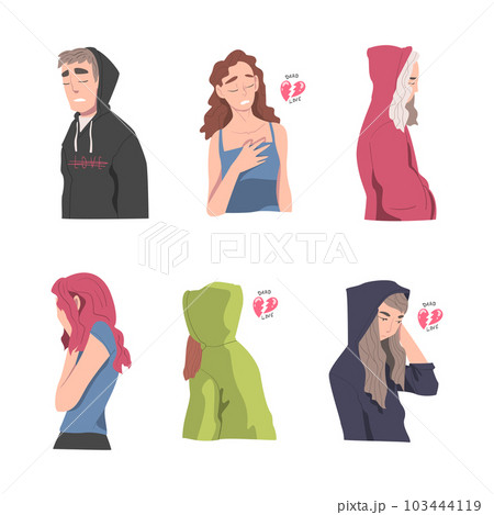 Man and Woman with Broken Hearts Suffering Because of Lost Love Vector Illustration Set 103444119