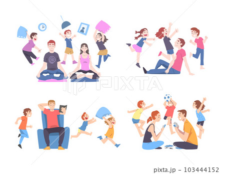Calm Parents and Mischievous Children Running around Them Vector Set Calm Parents and Mischievous Children Running around Them Vector Set 103444152