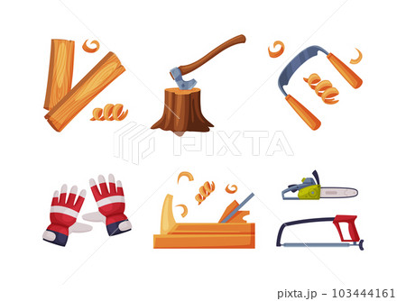 Wood Chopping Equipment with Axe, Saw, Glove and Panel Vector Set Wood Chopping Equipment with Axe, Saw, Glove and Panel Vector Set 103444161