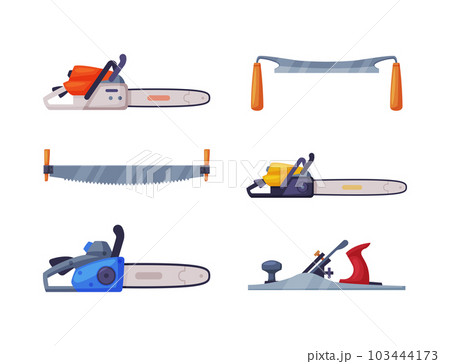 Wood Chopping Equipment with Metal Saw and Panel for carpentry Vector Set Wood Chopping Equipment with Metal Saw and Panel for carpentry Vector Set 103444173