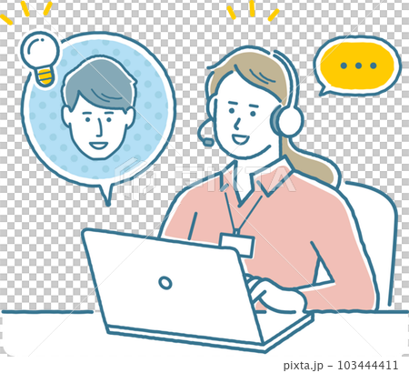 オンラインで顧客にサービスの説明をしている女性スタッフ 103444411