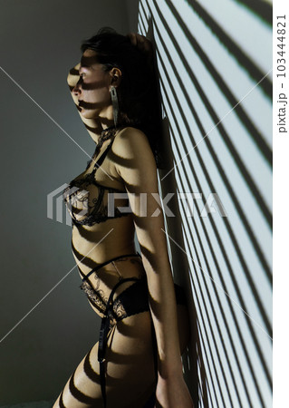 Black and white photo of a beautiful young woman in lace lingerie with a shadow pattern on the face and body in the form of stripes 103444821