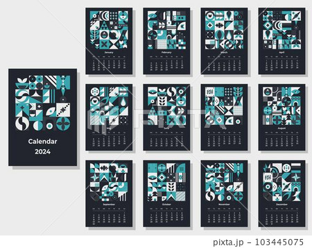 Calendar 2024 geometric patterns. Monthly calendar template for 2024 year with geometric shapes. 103445075