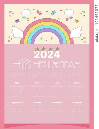 Calendar 2024 pink for a child with elements of unicorn, rainbow, wings, clouds, butterflies, bows, hearts. 103445077