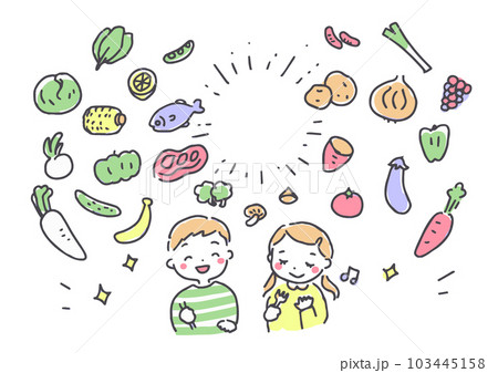 食育　栄養バランス野菜を食べる子供たち	 103445158
