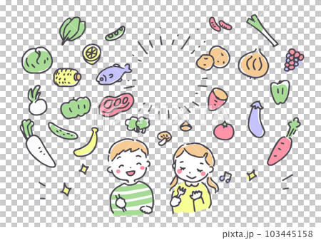食育　栄養バランス野菜を食べる子供たち	 103445158