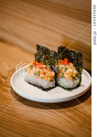 Japanese hand rolls with shrimp and caviar Japanese hand rolls with shrimp and caviar 103445646