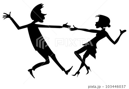 Romantic dancing young couple. Art silhouette. Funny dancing young man and woman. Black and white Romantic dancing young couple. Art silhouette. Funny dancing young man and woman. Black and white 103446037