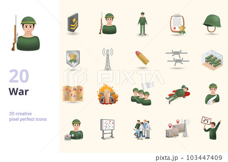 War set. Creative icons: military rank, soldier, commander, military order, helmet, army badge, transmitter, bullet, barbed wire, barracks, battle map, offensive, retreat, dead soldier, wounded 103447409
