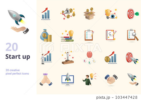 Start up set. Creative icons: growth, promotion, crowdfunding, vision, target, investment, knowledge, planning, creativity, career, succes, braistorm, profit, precision, teamwork, project launch 103447428